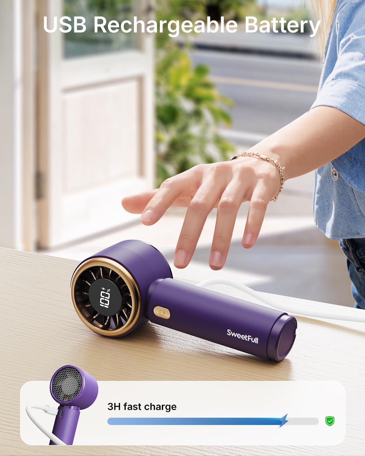 SWEETFULL Mini Fan Portable - Cute Handheld Turbo Fan with Rechargeable Battery, 5 Speeds, Small Hand Personal Travel Essentials for Women, Girls, Kids, Lash, Makeup - Pink