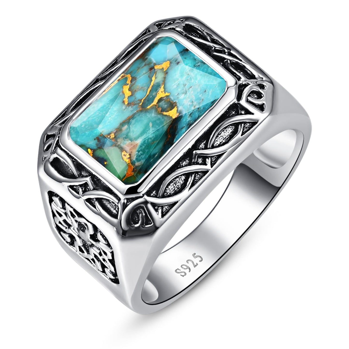 Yaresul Türkisringe für Männer Türkisring für Männer Geschenk für Papa, Opa 925 Sterling Silber Herrenringe Türkischer handgefertigter keltischer Muster Paparing Herren-Verlobungsring Band für Papa Vater Größe 10