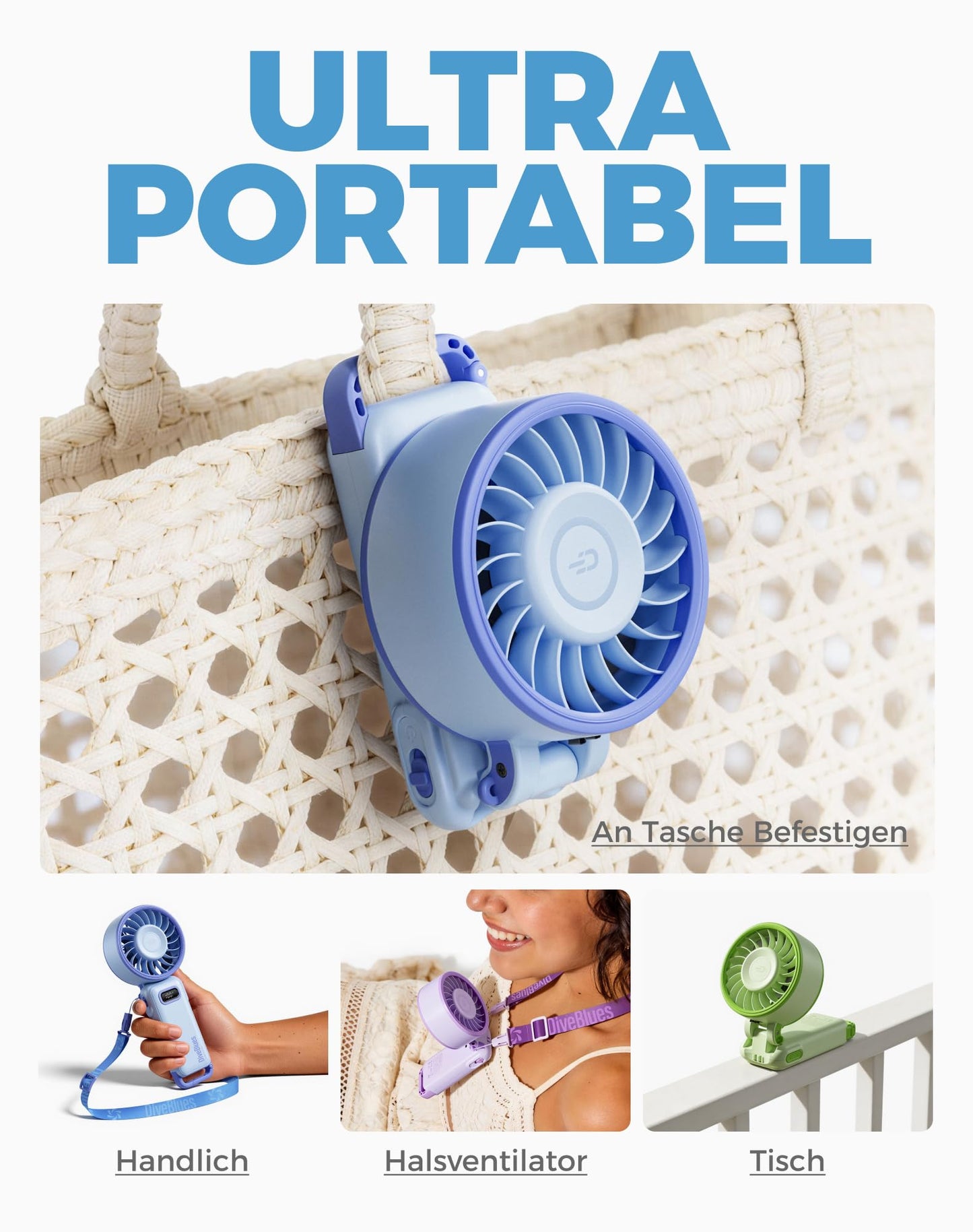 Diveblues - Handventilator Akku Aufladbar - 100 Stunfen Mini Ventilator Leistungsstarker Luftstrom mit Turbo-Technologie, 4 in 1 Tragbarer Ventilator 180° Faltbarer Bis zu 12 Stunden Kühlung