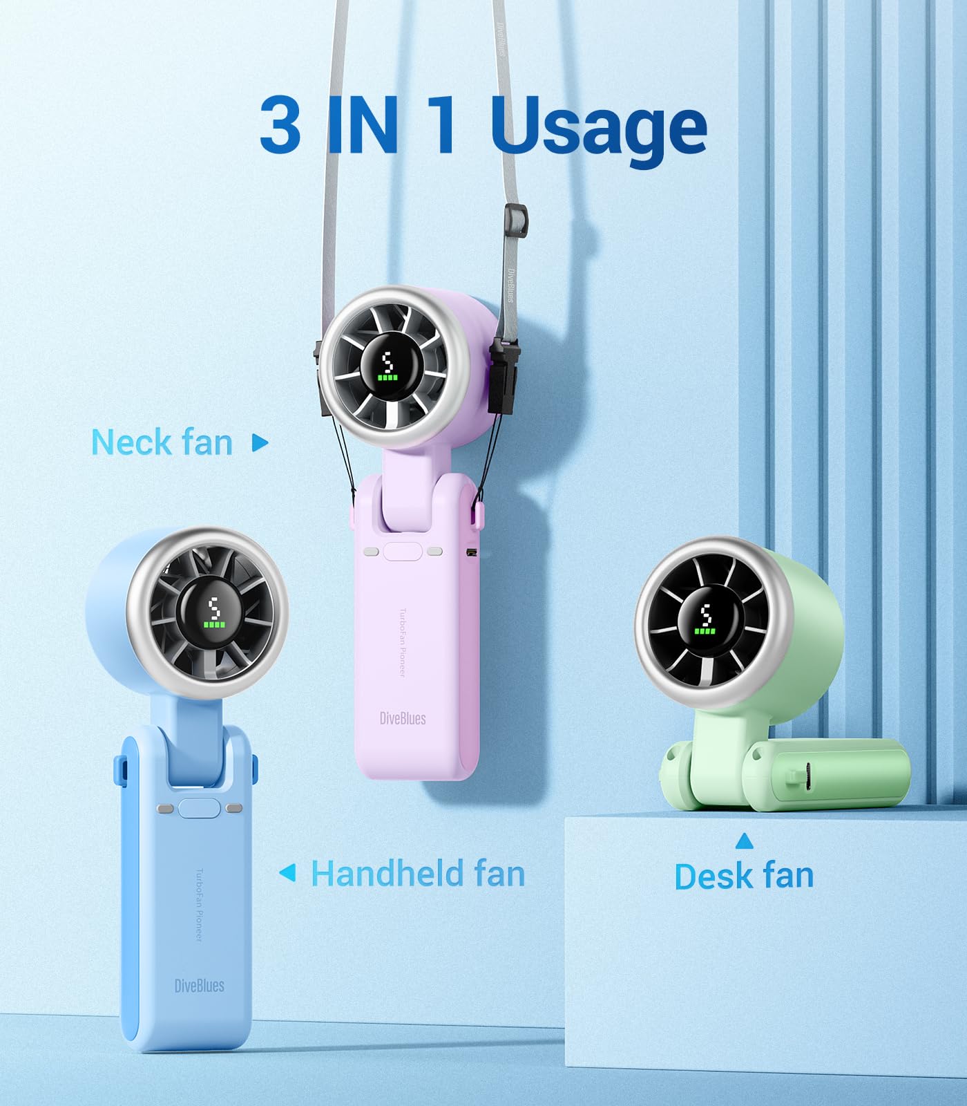 Diveblues Portable Handheld Turbo Fan, 5 Gear Wind, Battery Operated, Up to 12 Working Hours, 3 IN 1 Hand Fan with Air Turbo Tech Cooling Fan for Outdoor Activities, Travel, Working, Silvery white