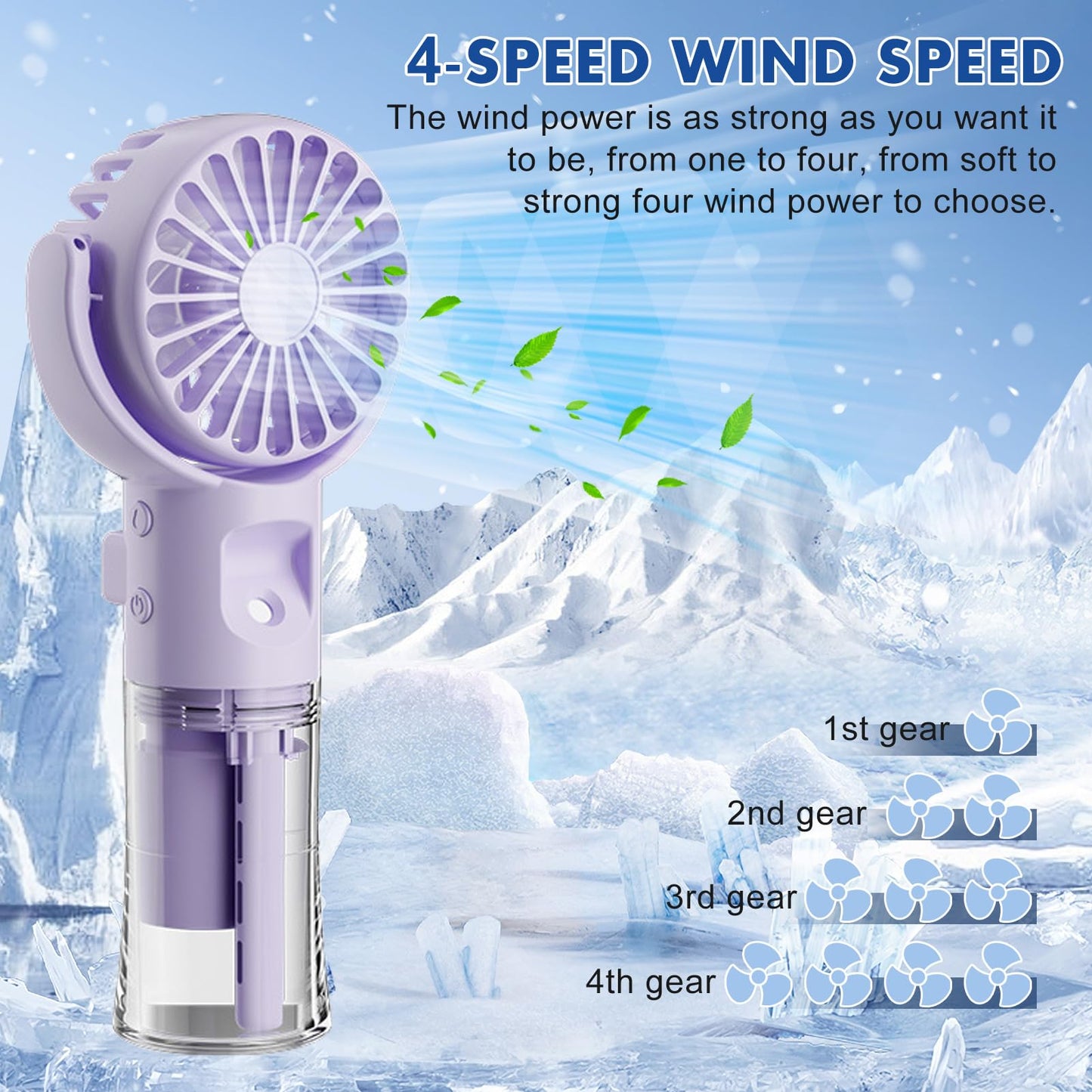 Handventilator mit Wasserkühlung, Tragbarer Handventilator USB Wiederaufladbarer, 4 Geschwindigkeiten, Mini Ventilator mit Wasserkühlung Hand, Ventilator Akku Hand Fan für Reisen Büro (Lila)