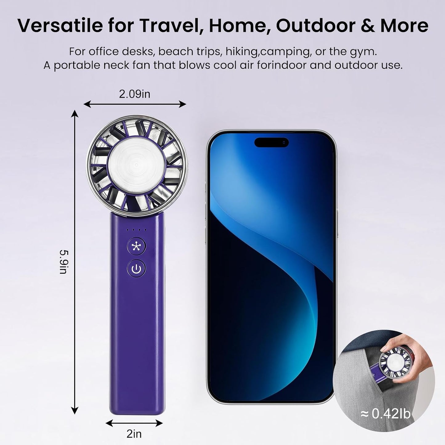 Handventilator, 4 Geschwindigkeiten, verstellbar, 4800 mAh, faltbar, leicht, am Hals getragenes Design, Strandurlaub, tragbarer Ventilator für Reisen, Kühlung für Camping, Outdoor und Indoor