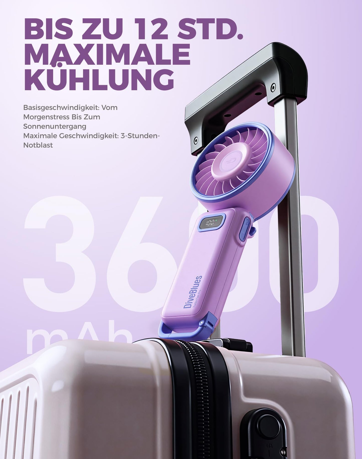 Diveblues Handventilator Tragbarer Turbo-Ventilator mit 100 Stufen und 7,4m/s Starkem Luftstrom, 180° Faltbarer 4-in-1 Mini-Ventilator für Hand, Hals und Tisch, Aufladbar für Sommer, Reise und Outdoor
