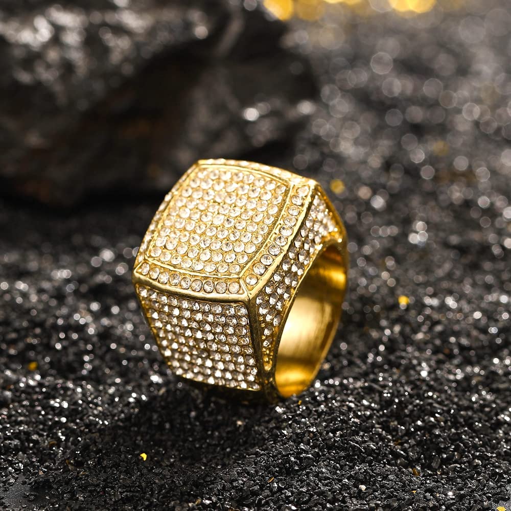 HH BLING EMPIRE Iced Out Silber-Goldringe für Männer, Bling Hip Hop Diamant Herrenringe, große quadratische Herrenringe Gold Größe #9