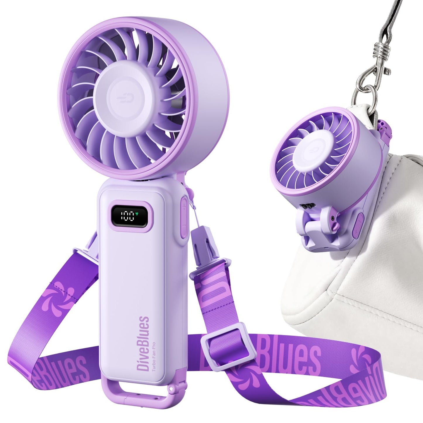 Diveblues - Handventilator Akku Aufladbar - 100 Stunfen Mini Ventilator Leistungsstarker Luftstrom mit Turbo-Technologie, 4 in 1 Tragbarer Ventilator 180° Faltbarer Bis zu 12 Stunden Kühlung