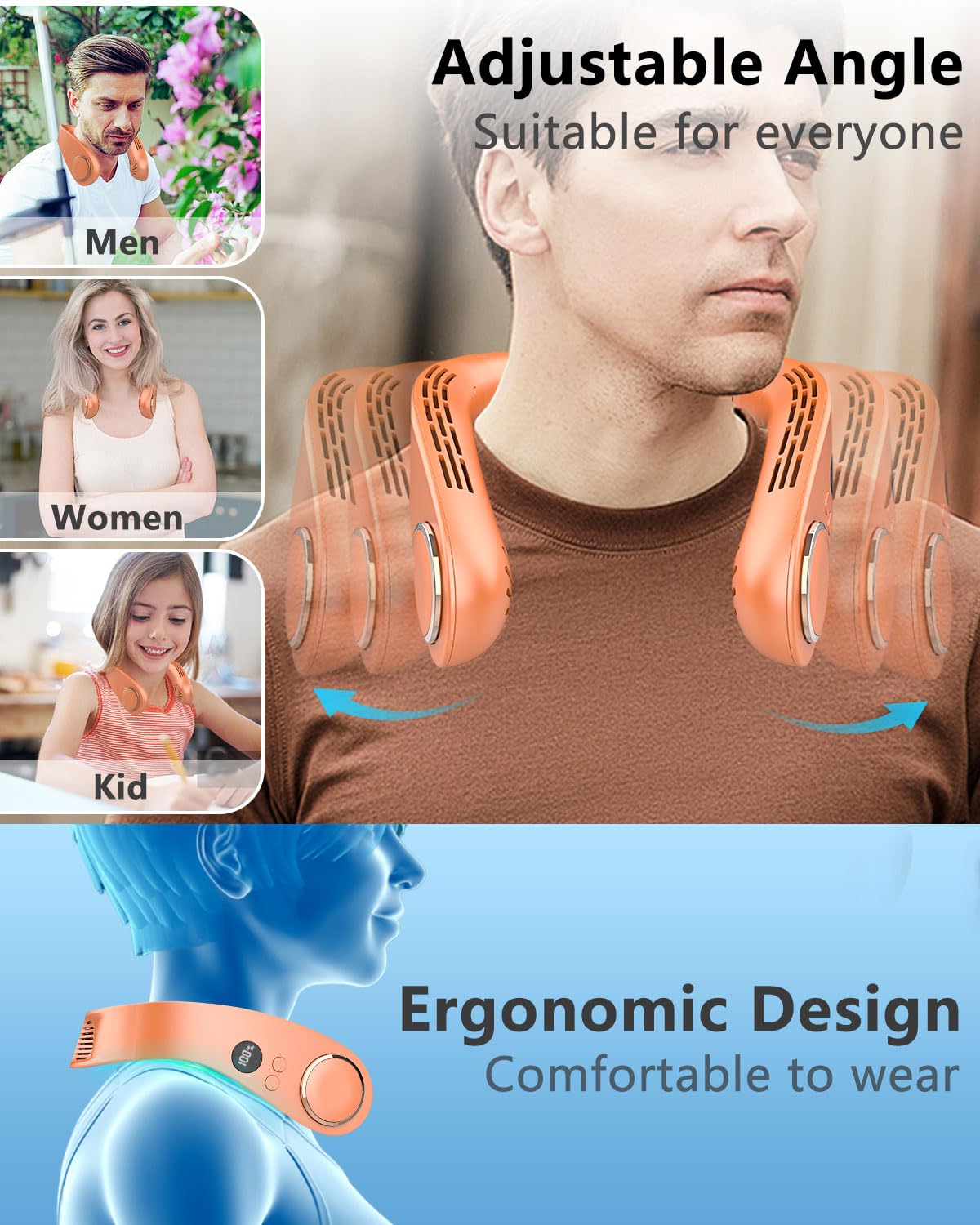 FWV Neck Fan with Cooling Plate, Quiet 30dB, 3-24Hrs Cooling,5500mAh Battery,LED Display Necklace AC Cooler, USB Bladeless Portable Personal Wearable Fans that Blow Cold Air for Men Women Kids Black