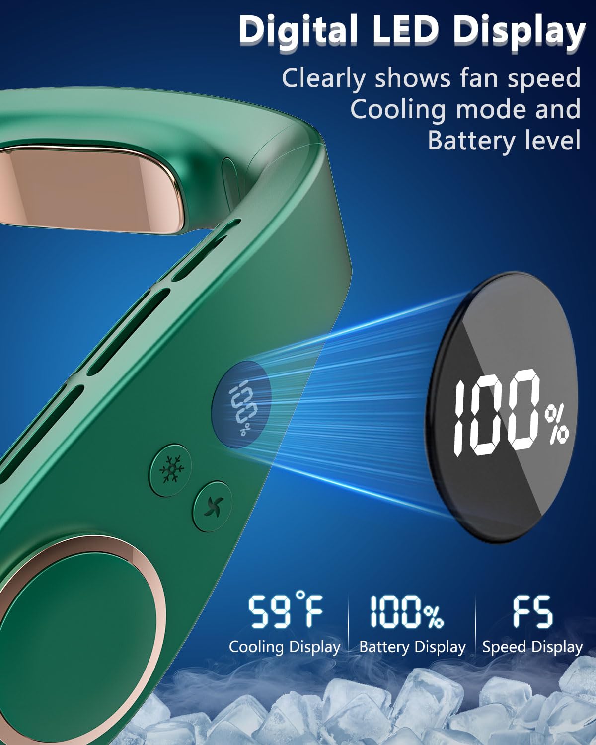 FWV Neck Fan with Cooling Plate, Quiet 30dB, 3-24Hrs Cooling,5500mAh Battery,LED Display Necklace AC Cooler, USB Bladeless Portable Personal Wearable Fans that Blow Cold Air for Men Women Kids Black