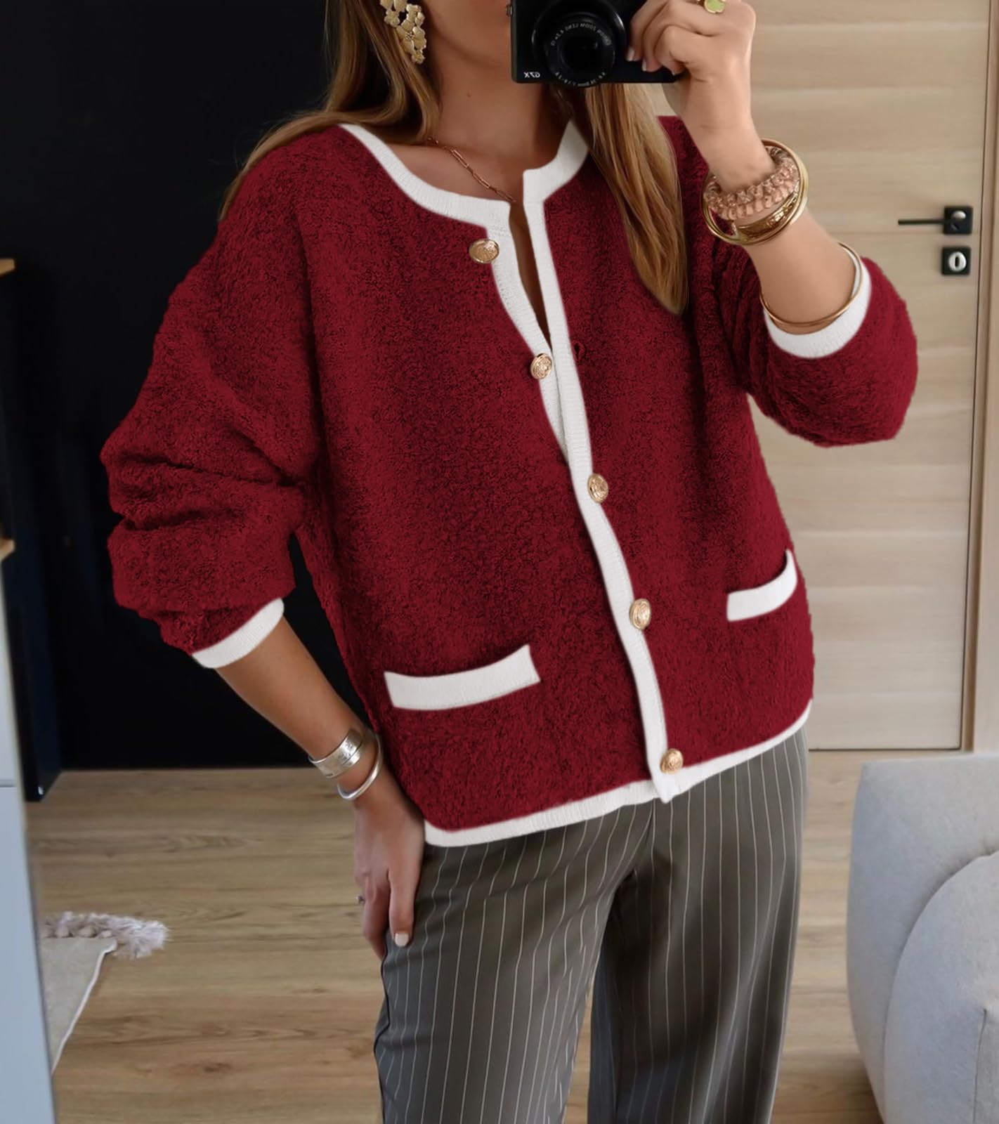 Women Cardigan Sweaters Long Sleeve Button Down Tweed Knit Sweater Crewneck Fall Open Front Outerwear with Pockets-M Wine Red