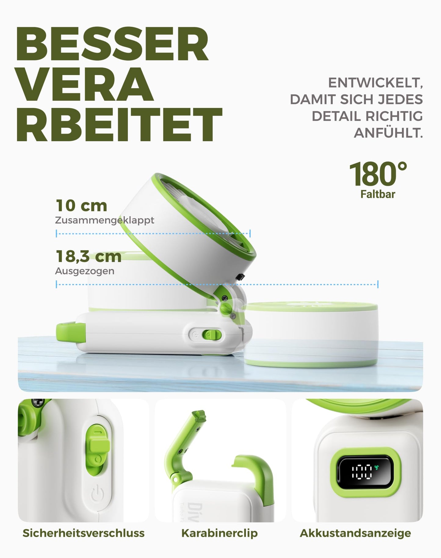 Diveblues Handventilator Tragbarer Turbo-Ventilator mit 100 Stufen und 7,4m/s Starkem Luftstrom, 180° Faltbarer 4-in-1 Mini-Ventilator für Hand, Hals und Tisch, Aufladbar für Sommer, Reise und Outdoor