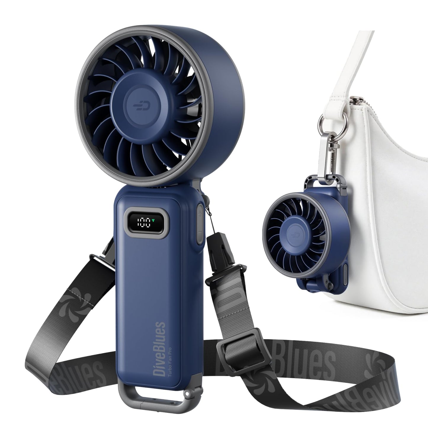 Diveblues Portable Handheld Fan D6036 Cream | 7.4m/s High Speed Turbo, 180° Foldable 4-in-1, Personal Neck Fan with Carabiner Clip, 100 Speed Stepless Control