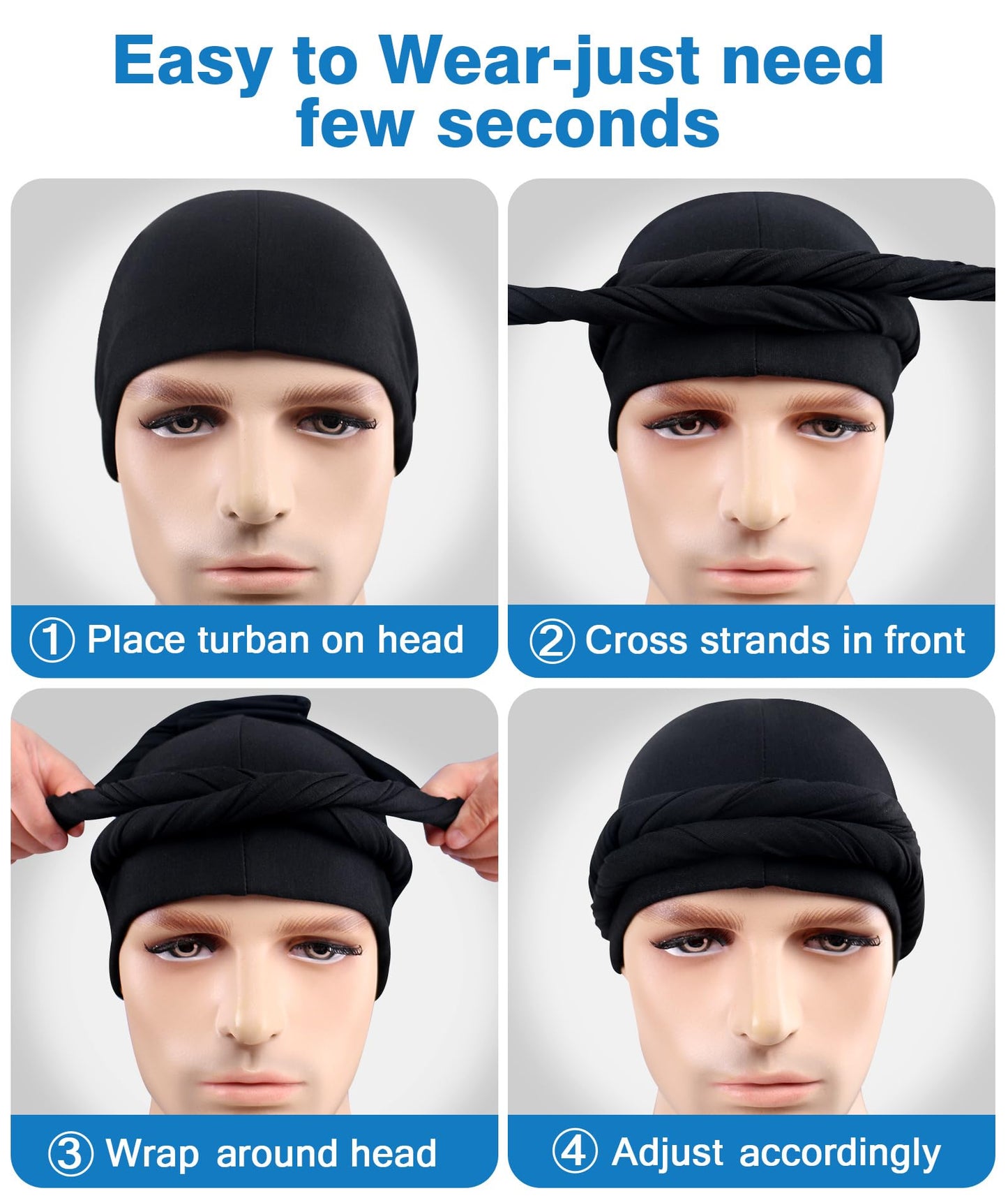 Ababalaya Verstellbarer, mit Satin gefütterter Halo-Turban-Durag für Männer und Frauen, Schlafhaube, Beanie-Mützen, vorgebundene Kopftücher gegen Haarausfall, Schwarz