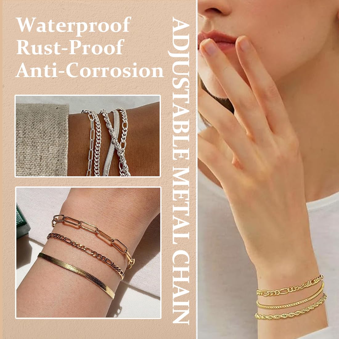 QOWUXHZ 10 Stück Armband Edelstahl Damen Armband Damen Gold Silber Verstellbare Armband Set Verstellbare 16+5 Cm Liebe Geschenk Für Frauen Mädchen