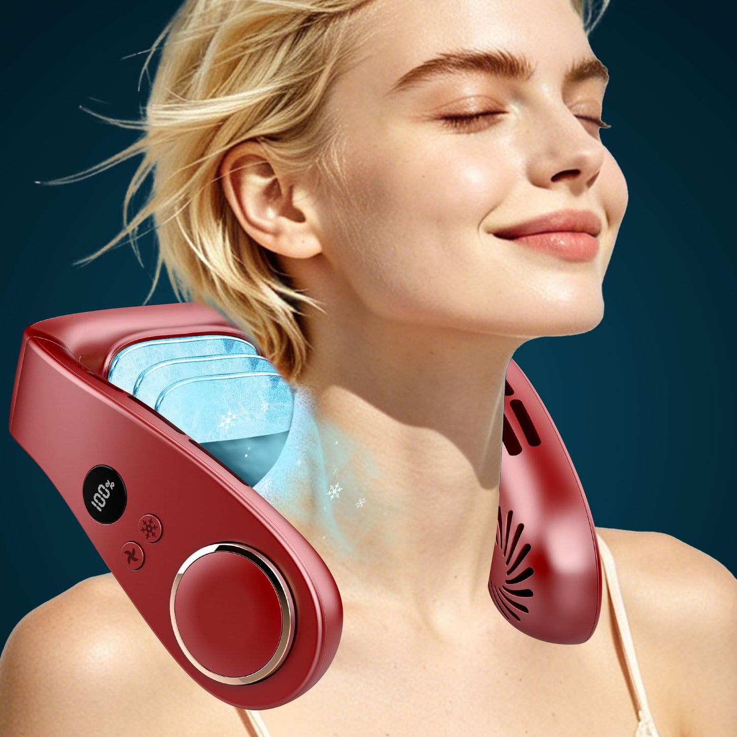 FWV Neck Fan with Cooling Plate, Quiet 30dB, 3-24Hrs Cooling,5500mAh Battery,LED Display Necklace AC Cooler, USB Bladeless Portable Personal Wearable Fans that Blow Cold Air for Men Women Kids Black