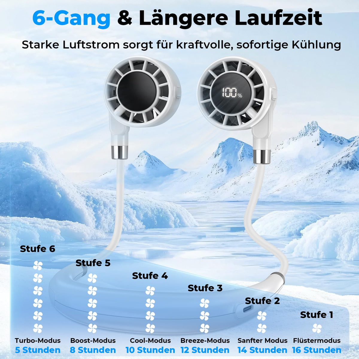 Nackenventilator, 4000mAh Tragbarer Halsventilator, 6 Stufen & 360° Luftstrom, 5-16 Stunden,Extrem Leise 10000 U/min USB Ventilator mit LED-Anzeige,Faltbarer Mini Lüfter für Freien,Reisen,Camping,Büro