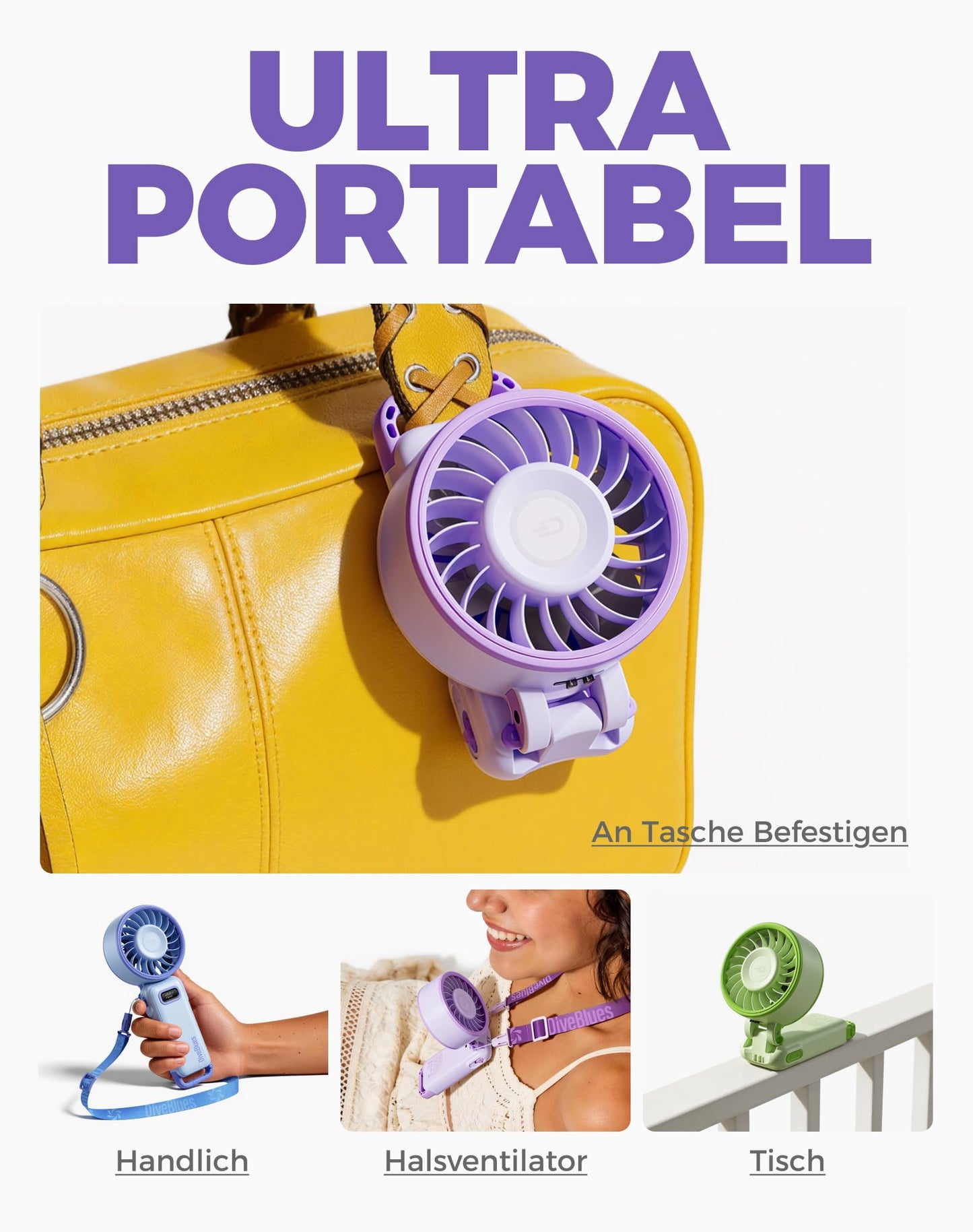 Diveblues - Handventilator Akku Aufladbar - 100 Stunfen Mini Ventilator Leistungsstarker Luftstrom mit Turbo-Technologie, 4 in 1 Tragbarer Ventilator 180° Faltbarer Bis zu 12 Stunden Kühlung