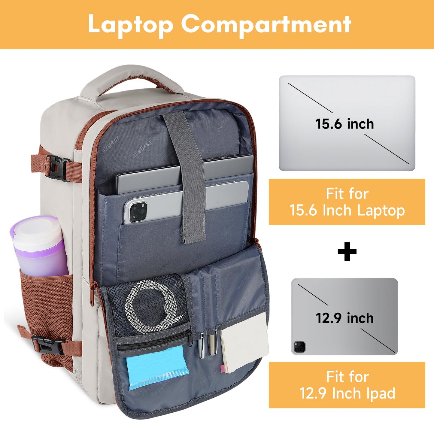 Taygeer Rucksack für Damen, College-Rucksack mit Laptopfach und Schuhtasche, 35 l Reise-Laptop-Rucksack als Handgepäck, von Fluggesellschaften zugelassene Tasche für persönliche Gegenstände fürs Wochenende, Fitnessstudio, Wandern, Khakiweiß