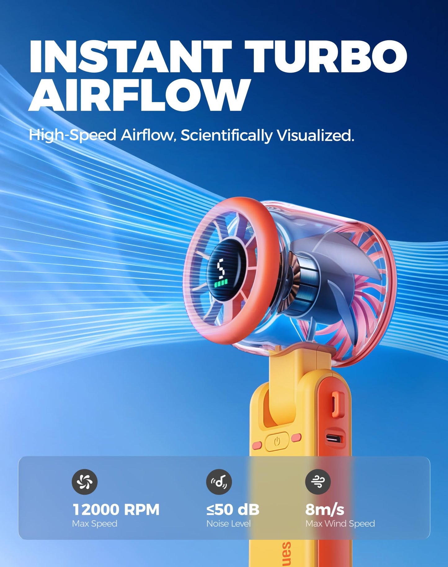 Diveblues Portable Handheld Turbo Fan, 5 Gear Wind, Battery Operated, Up to 12 Working Hours, 3 IN 1 Hand Fan with Air Turbo Tech Cooling Fan for Outdoor Activities, Travel, Working, Silvery white