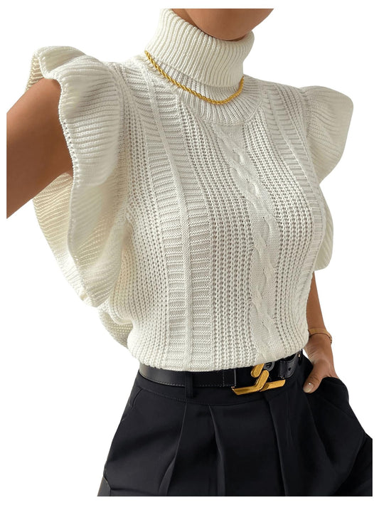 Floerns Women's Ruffle Trim Cable Knit Sweater Vest Turtleneck Sleeveless Tank Tops Beige Medium