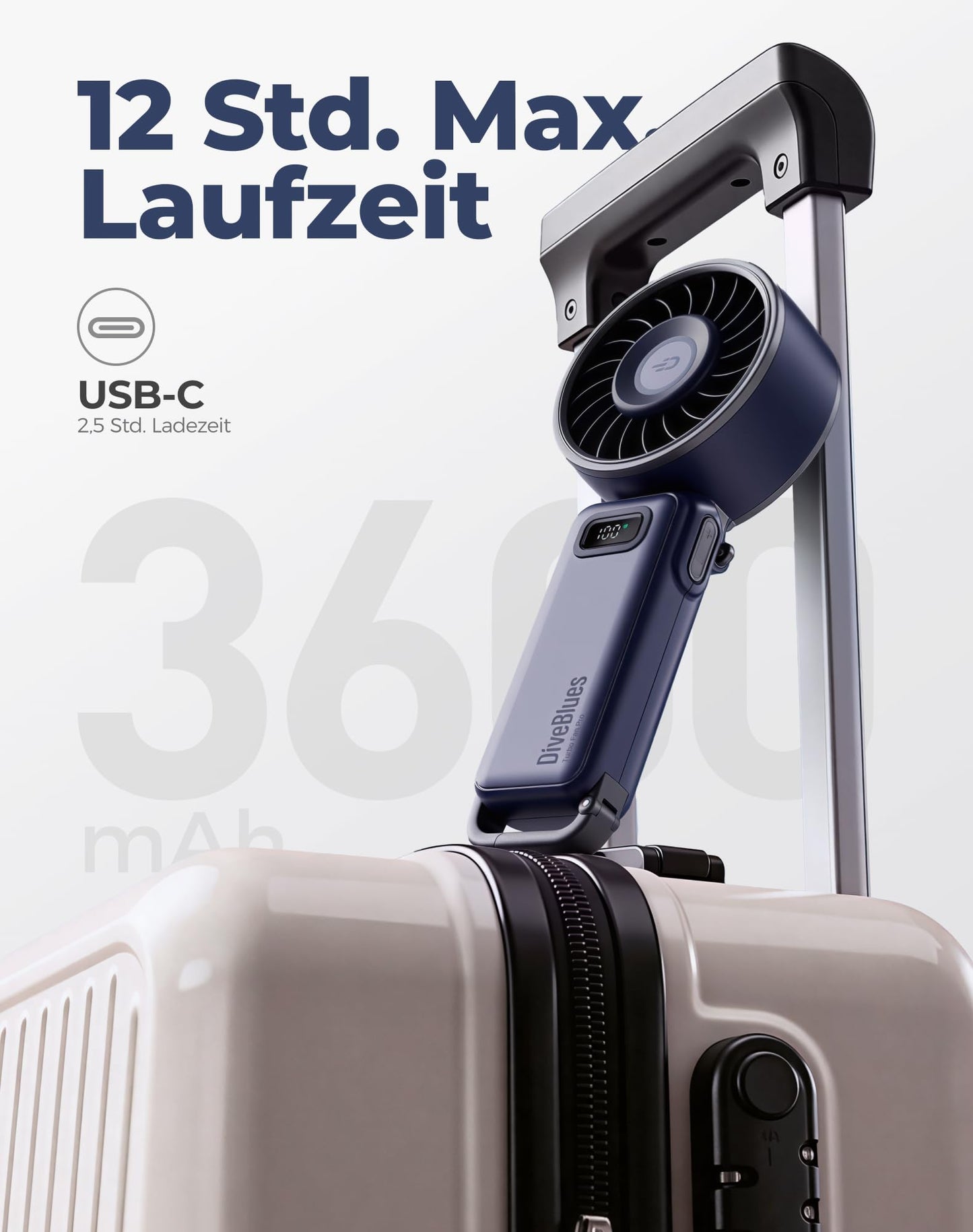 Diveblues Handventilator Tragbarer Turbo-Ventilator mit 100 Stufen und 7,4m/s Starkem Luftstrom, 180° Faltbarer 4-in-1 Mini-Ventilator für Hand, Hals und Tisch, Aufladbar für Sommer, Reise und Outdoor