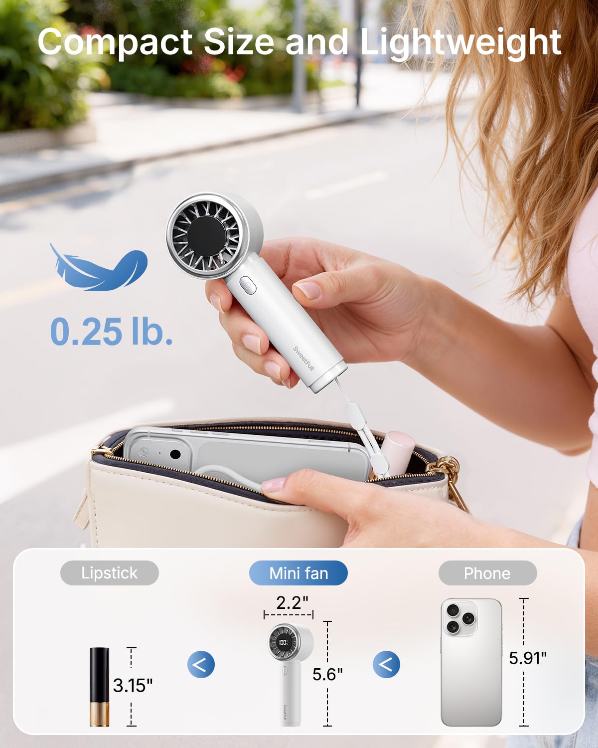 SWEETFULL Mini Fan Portable - Cute Handheld Turbo Fan with Rechargeable Battery, 5 Speeds, Small Hand Personal Travel Essentials for Women, Girls, Kids, Lash, Makeup - Pink