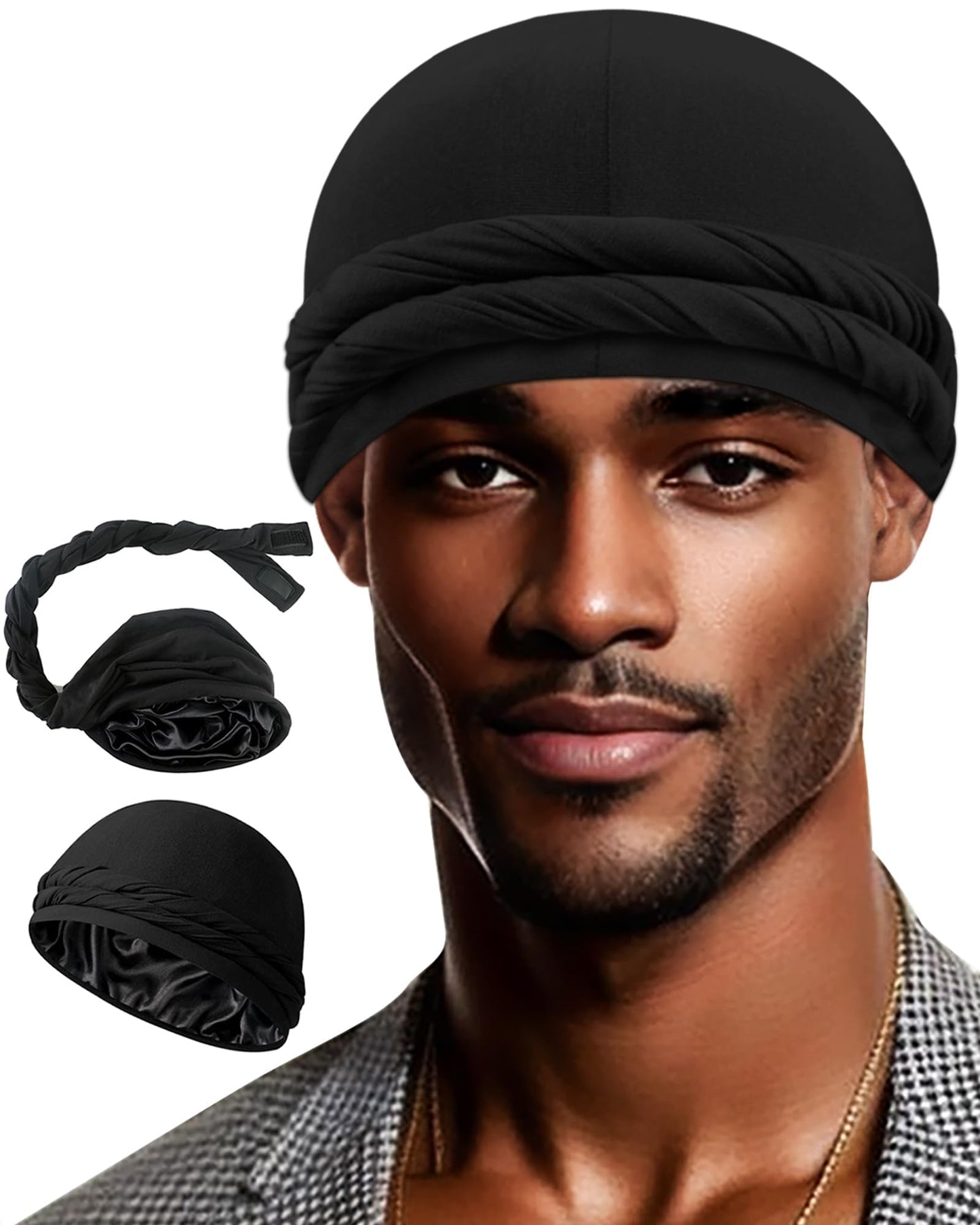 Ababalaya Verstellbarer, mit Satin gefütterter Halo-Turban-Durag für Männer und Frauen, Schlafhaube, Beanie-Mützen, vorgebundene Kopftücher gegen Haarausfall, Schwarz