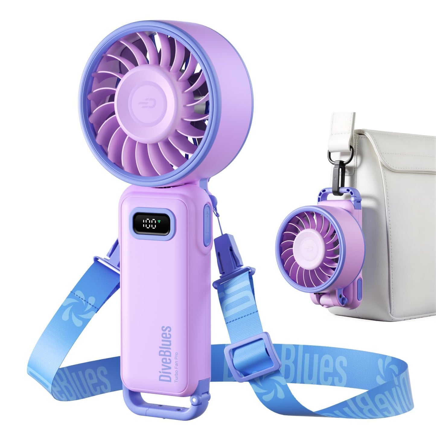 Diveblues Portable Handheld Fan D6036 Cream | 7.4m/s High Speed Turbo, 180° Foldable 4-in-1, Personal Neck Fan with Carabiner Clip, 100 Speed Stepless Control