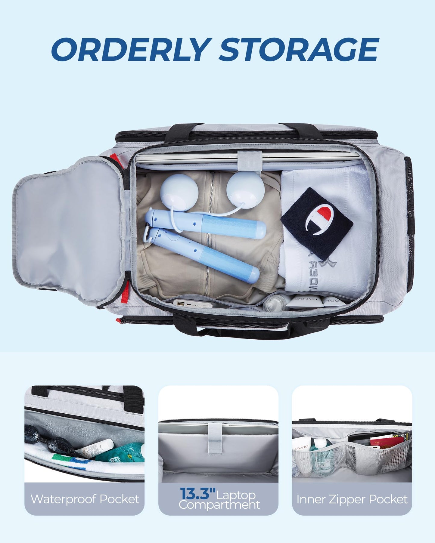 BAGSMART Gym Bag for Women & Men, 35L Sports Travel Duffel Bag with Shoe Compartment，Anti-Theft Carry On Weekender Bag for Airplane, Water Resistant Workout Overnight Backpack for Travel Gym,Grey