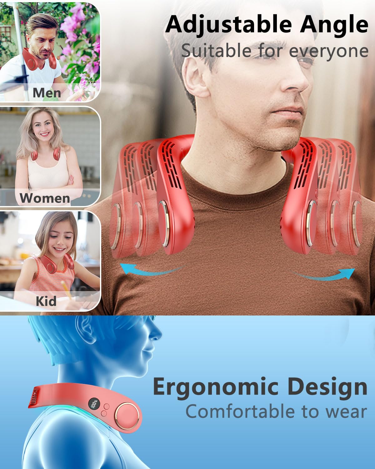 FWV Neck Fan with Cooling Plate, Quiet 30dB, 3-24Hrs Cooling,5500mAh Battery,LED Display Necklace AC Cooler, USB Bladeless Portable Personal Wearable Fans that Blow Cold Air for Men Women Kids Black