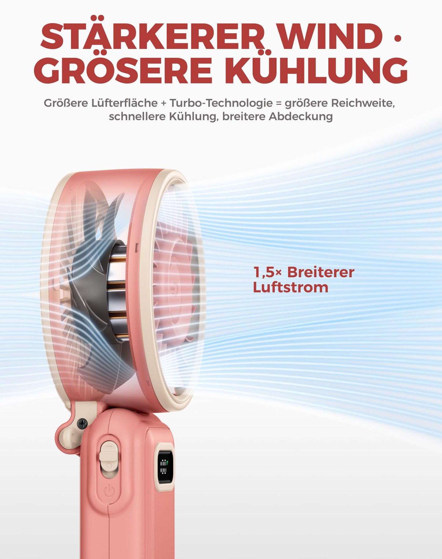 Diveblues Handventilator Tragbarer Turbo-Ventilator mit 100 Stufen und 7,4m/s Starkem Luftstrom, 180° Faltbarer 4-in-1 Mini-Ventilator für Hand, Hals und Tisch, Aufladbar für Sommer, Reise und Outdoor