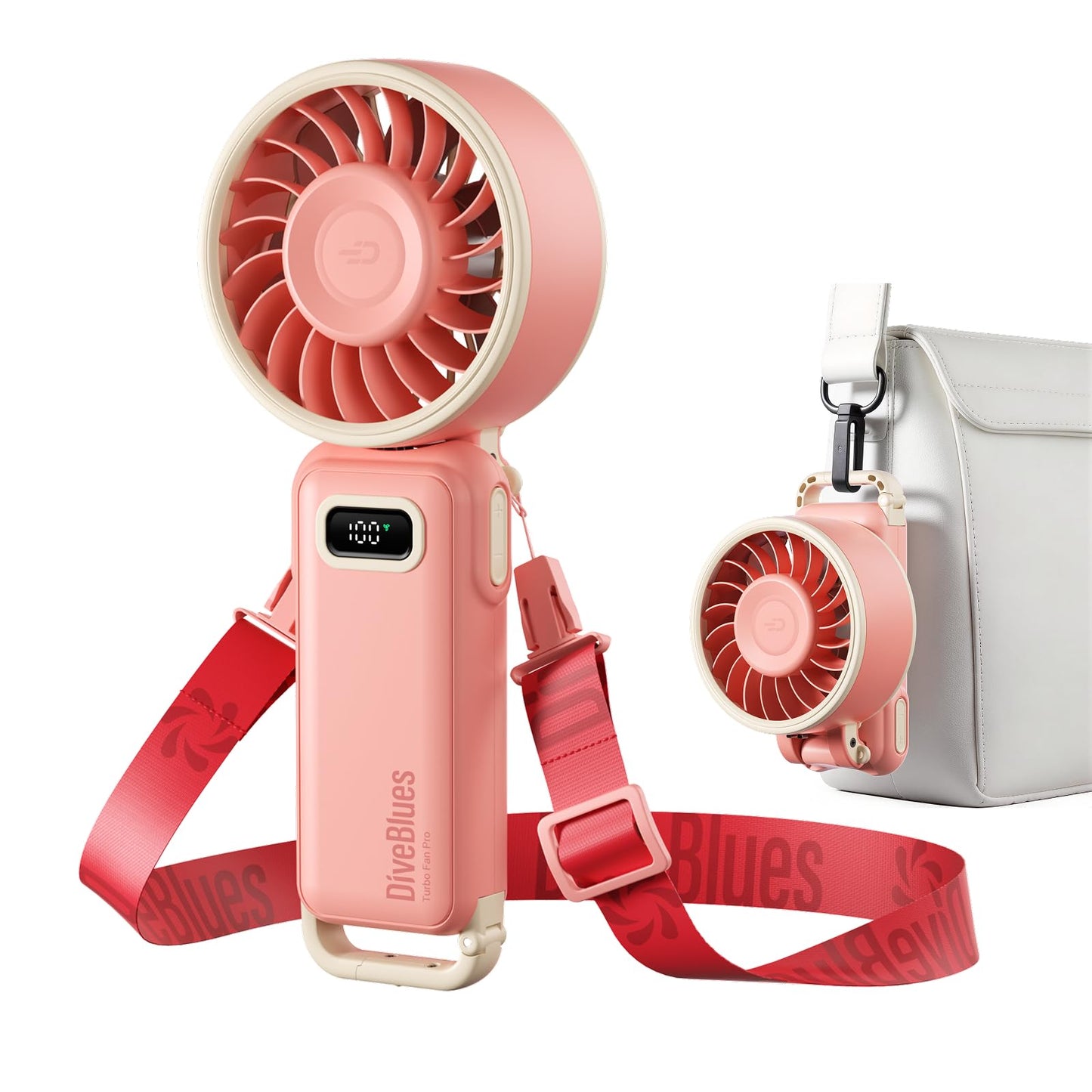 Diveblues Handventilator Tragbarer Turbo-Ventilator mit 100 Stufen und 7,4m/s Starkem Luftstrom, 180° Faltbarer 4-in-1 Mini-Ventilator für Hand, Hals und Tisch, Aufladbar für Sommer, Reise und Outdoor