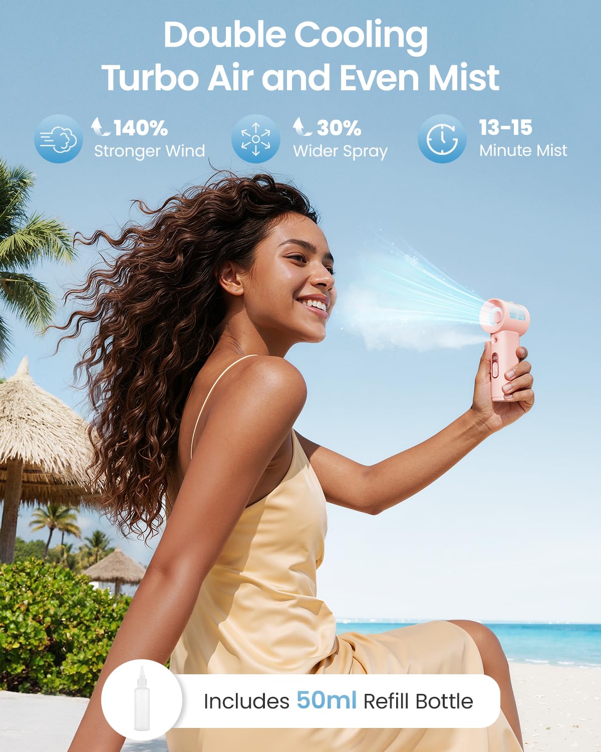 SWEETFULL Handheld Misting Fan Portable - 5000mAh Rechargeable Battery, Powerful Turbo Personal Mister Fans, 5 Speed, Mini Water Spray Mist Hand Fan for Travel, Outdoors, Beach Vacation (Pink)
