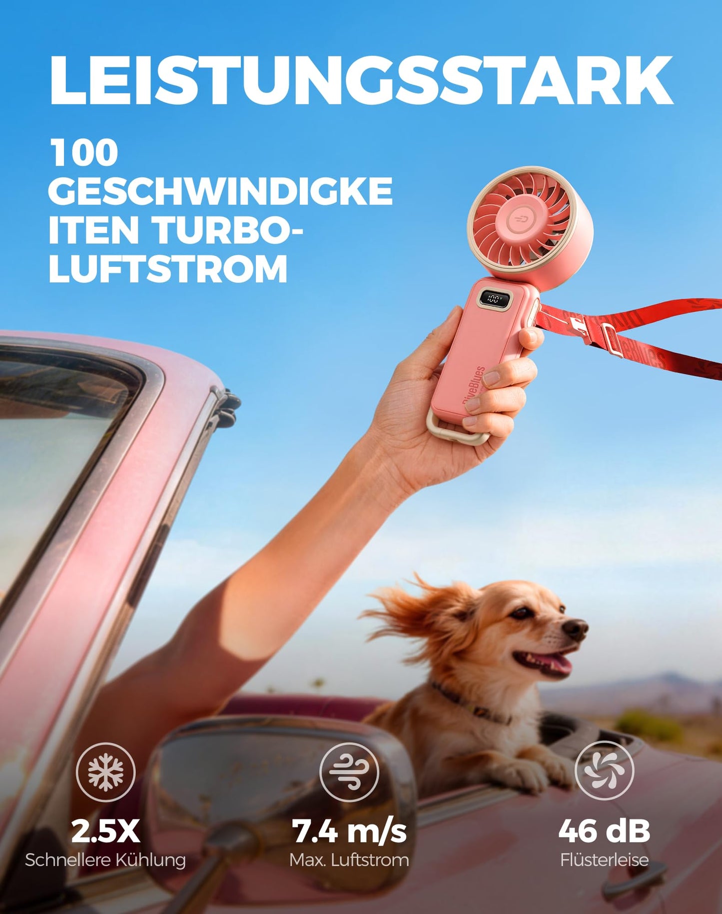 Diveblues Handventilator Tragbarer Turbo-Ventilator mit 100 Stufen und 7,4m/s Starkem Luftstrom, 180° Faltbarer 4-in-1 Mini-Ventilator für Hand, Hals und Tisch, Aufladbar für Sommer, Reise und Outdoor