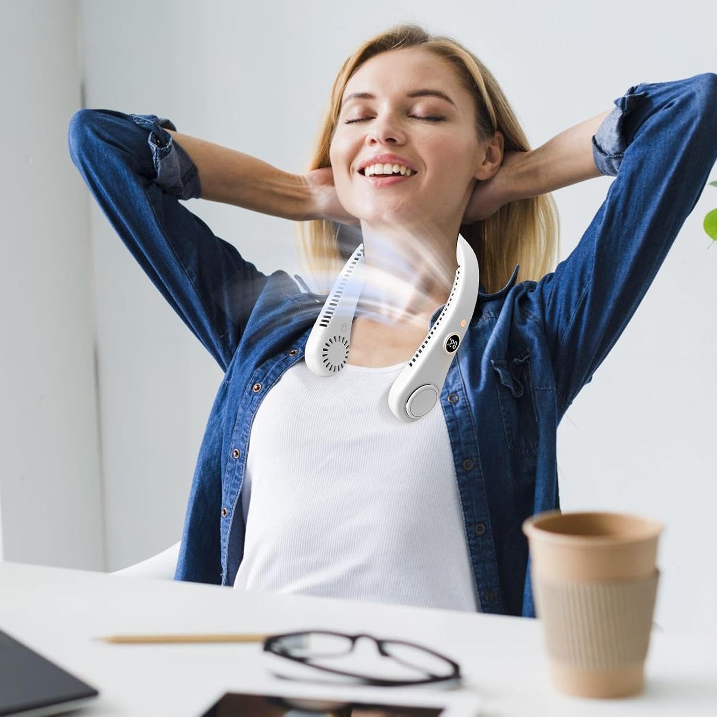 Tragbarer Ventilator, freihändiger Ventilator ohne Flügel, wiederaufladbar, Kopfhörer-Design, USB-betriebener Kühlventilator für Damen und Herren, 5 Geschwindigkeiten