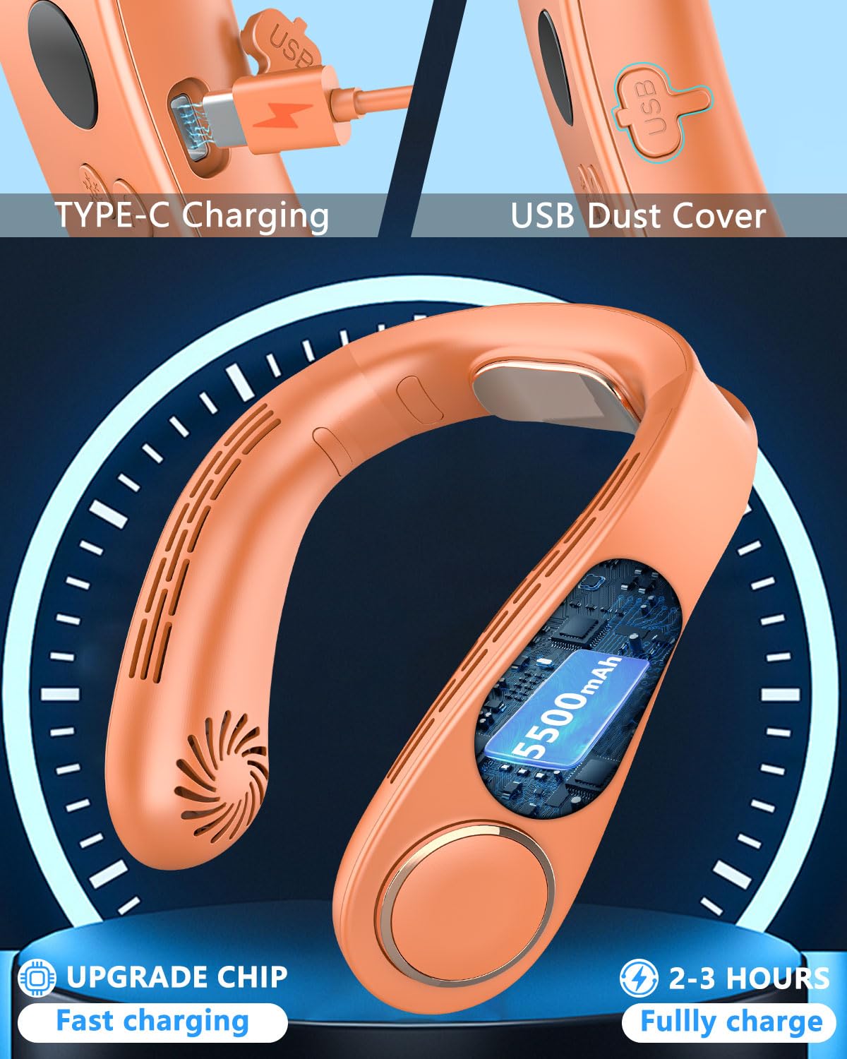 FWV Neck Fan with Cooling Plate, Quiet 30dB, 3-24Hrs Cooling,5500mAh Battery,LED Display Necklace AC Cooler, USB Bladeless Portable Personal Wearable Fans that Blow Cold Air for Men Women Kids Black