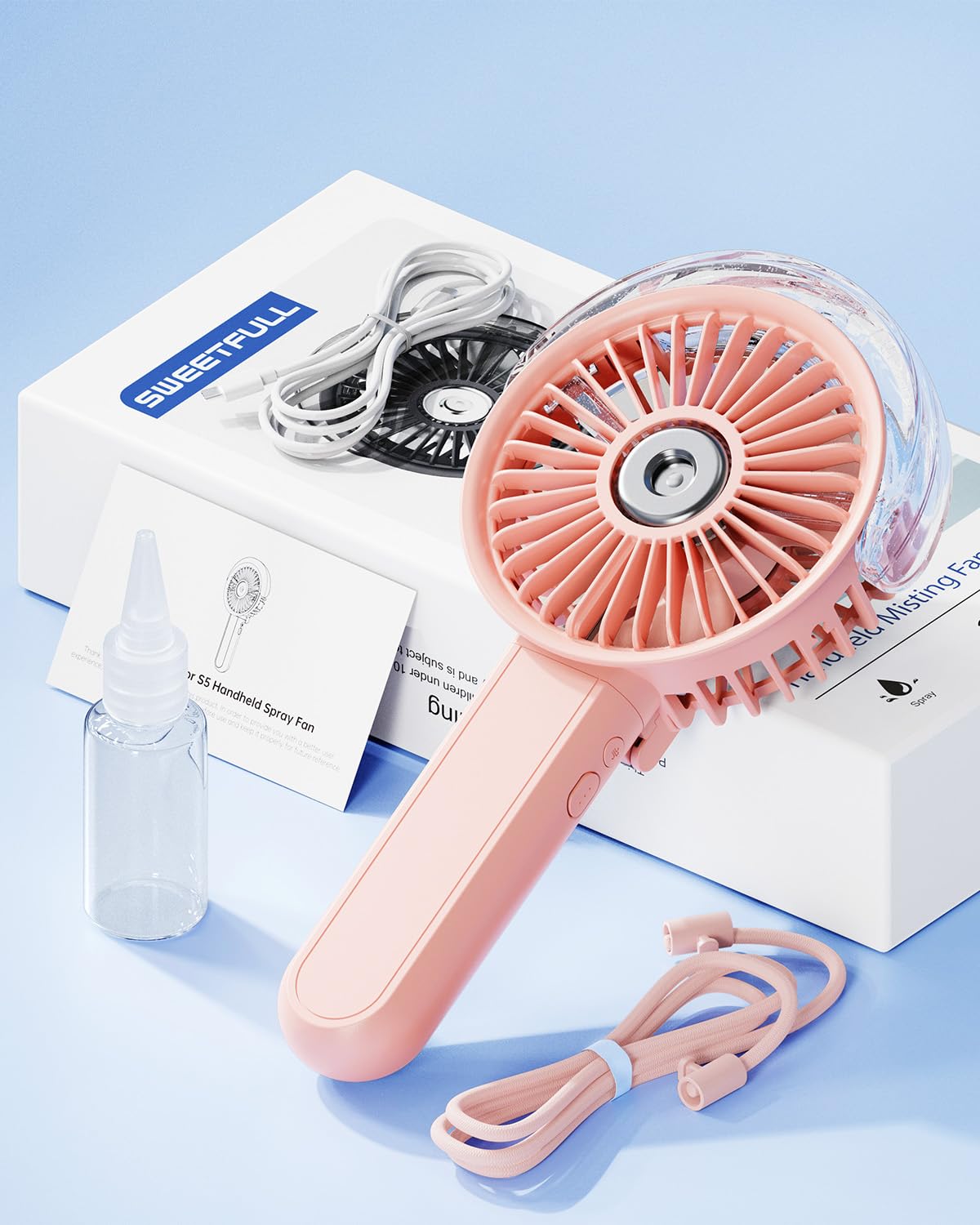 SWEETFULL Portable Misting Fan - 180° Foldable Handheld Personal Fan with Mist Spray, 3 Speeds, 30ml Water Tank, USB Rechargeable - Ideal for Travel, Outdoors, Makeup, Camping, Home, and Office Use