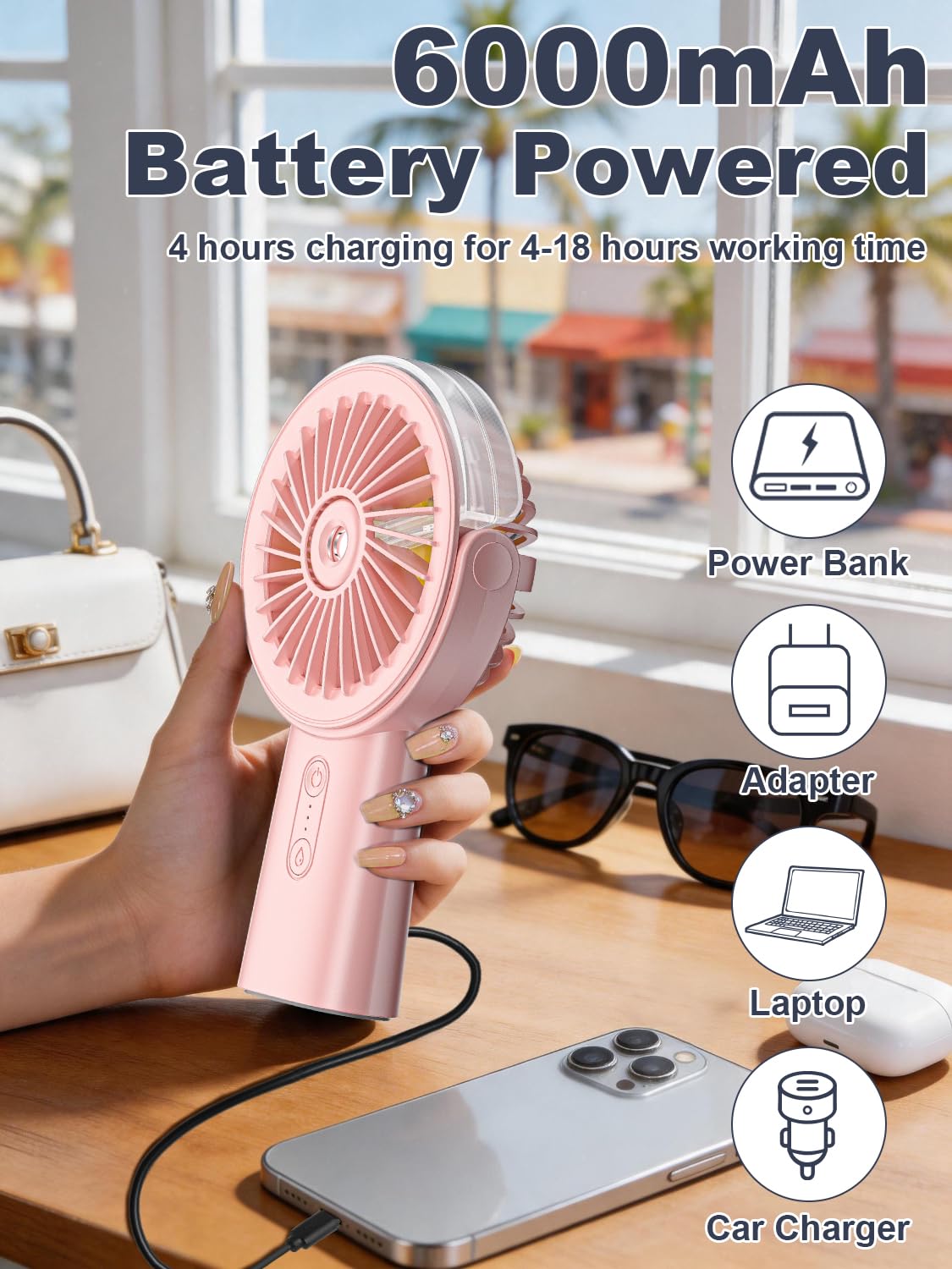 Handventilator Akku Aufladbar mit Wasserkühlung, 6000mAh Tragbarer Mini Ventilator mit 3 Gänge, Ventilatoren Leise Klein mit 4–18 Laufzeit, Portable USB Hand Fan für Sommer, Reise, Outdoor, Blau