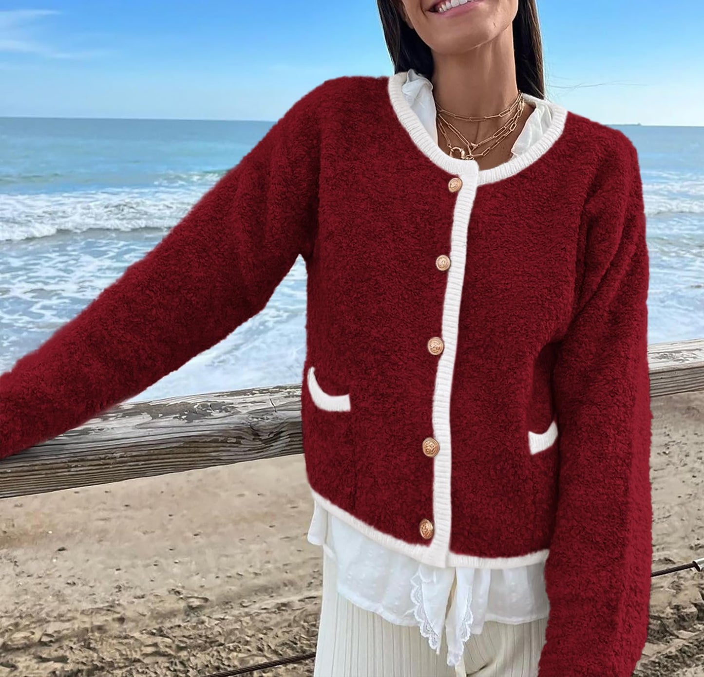 Women Cardigan Sweaters Long Sleeve Button Down Tweed Knit Sweater Crewneck Fall Open Front Outerwear with Pockets-M Wine Red