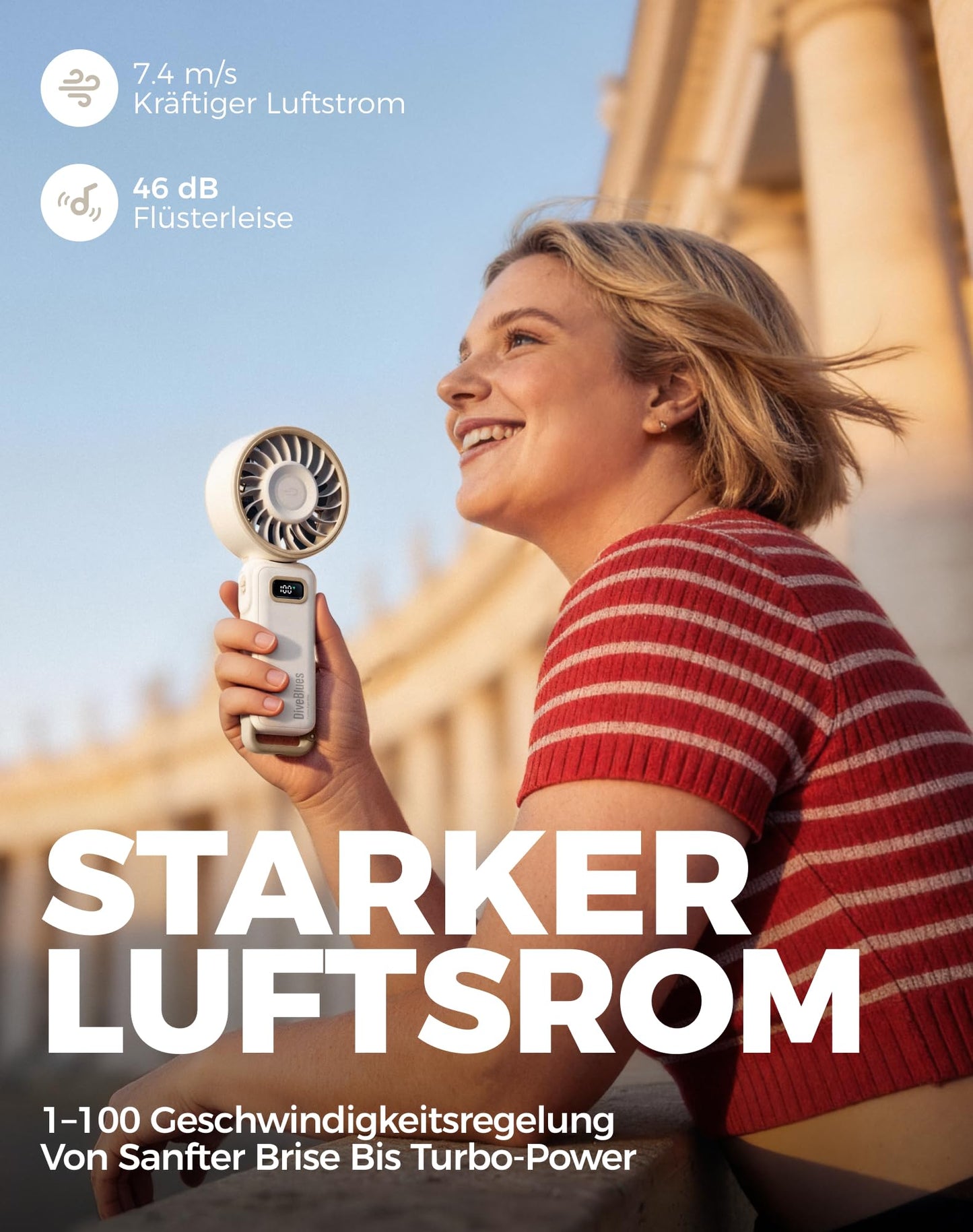 Diveblues - Handventilator Akku Aufladbar - 100 Stunfen Mini Ventilator Leistungsstarker Luftstrom mit Turbo-Technologie, 4 in 1 Tragbarer Ventilator 180° Faltbarer Bis zu 12 Stunden Kühlung