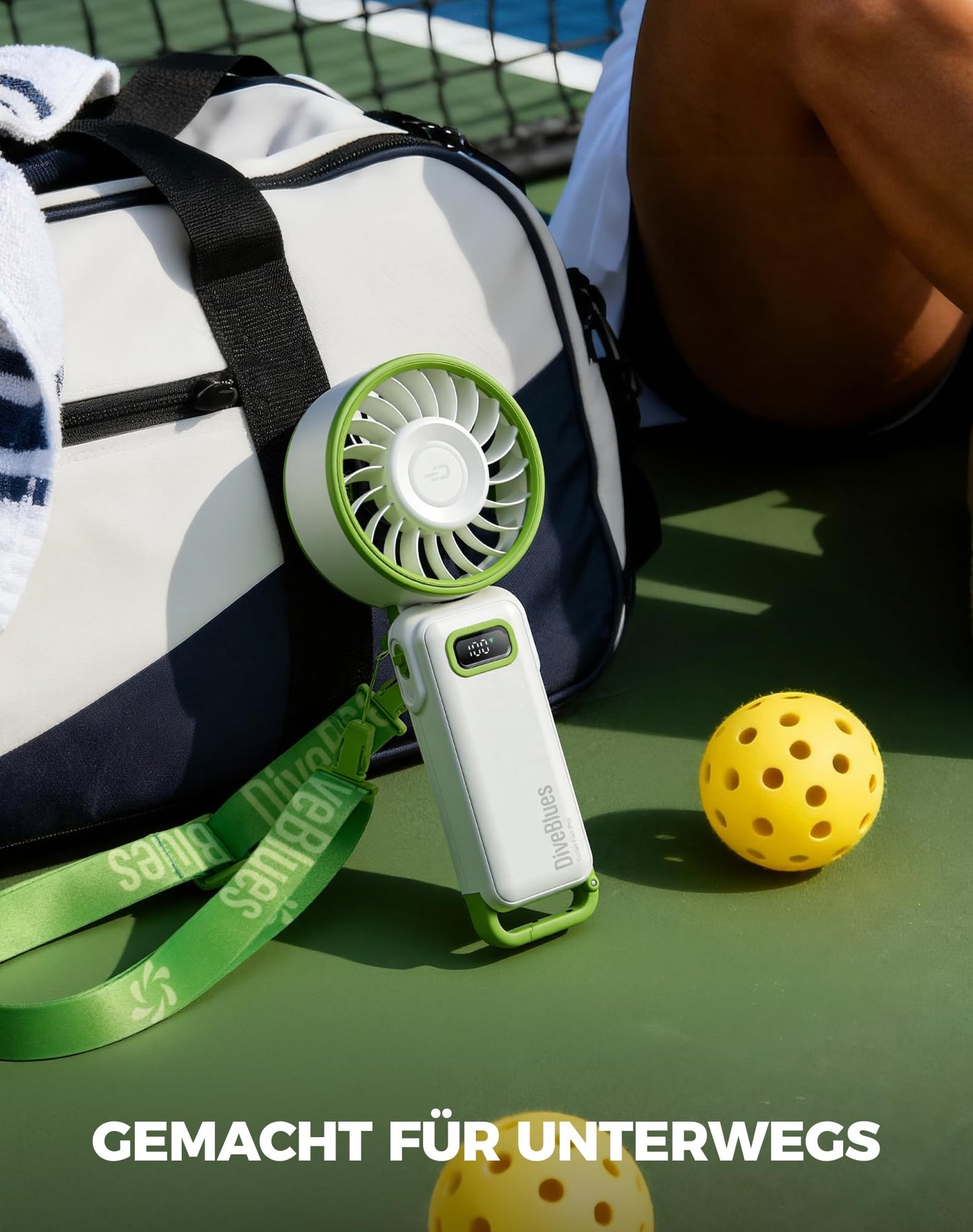 Diveblues Handventilator Tragbarer Turbo-Ventilator mit 100 Stufen und 7,4m/s Starkem Luftstrom, 180° Faltbarer 4-in-1 Mini-Ventilator für Hand, Hals und Tisch, Aufladbar für Sommer, Reise und Outdoor