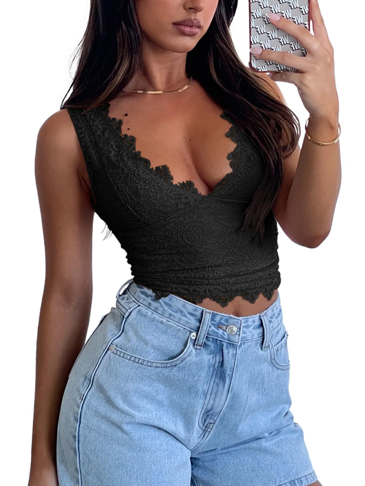 REORIA Damen-Sommertops, sexy, V-Ausschnitt, ärmellos, doppelt gefüttert, modisch, zum Ausgehen, Y2K-Tanktops, trendige, schlankmachende Spitzen-Crop-Tops für Teenager-Mädchen, Schwarz, Medium