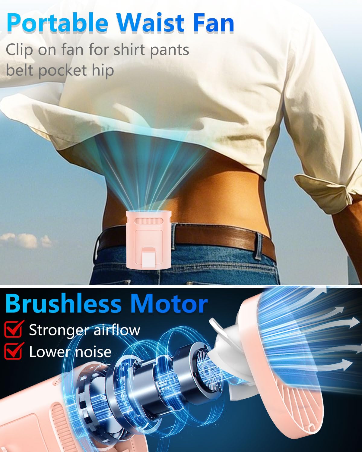 Waist Fan Clip on-Mini Lightweight Portable Fans Rechargeable Under Shirt Belt Pants Body Fans that Blow Cold Air,Waistband Cooling Fan,Powerful Small Personal Hanging Neck Cooler AC Travel Black