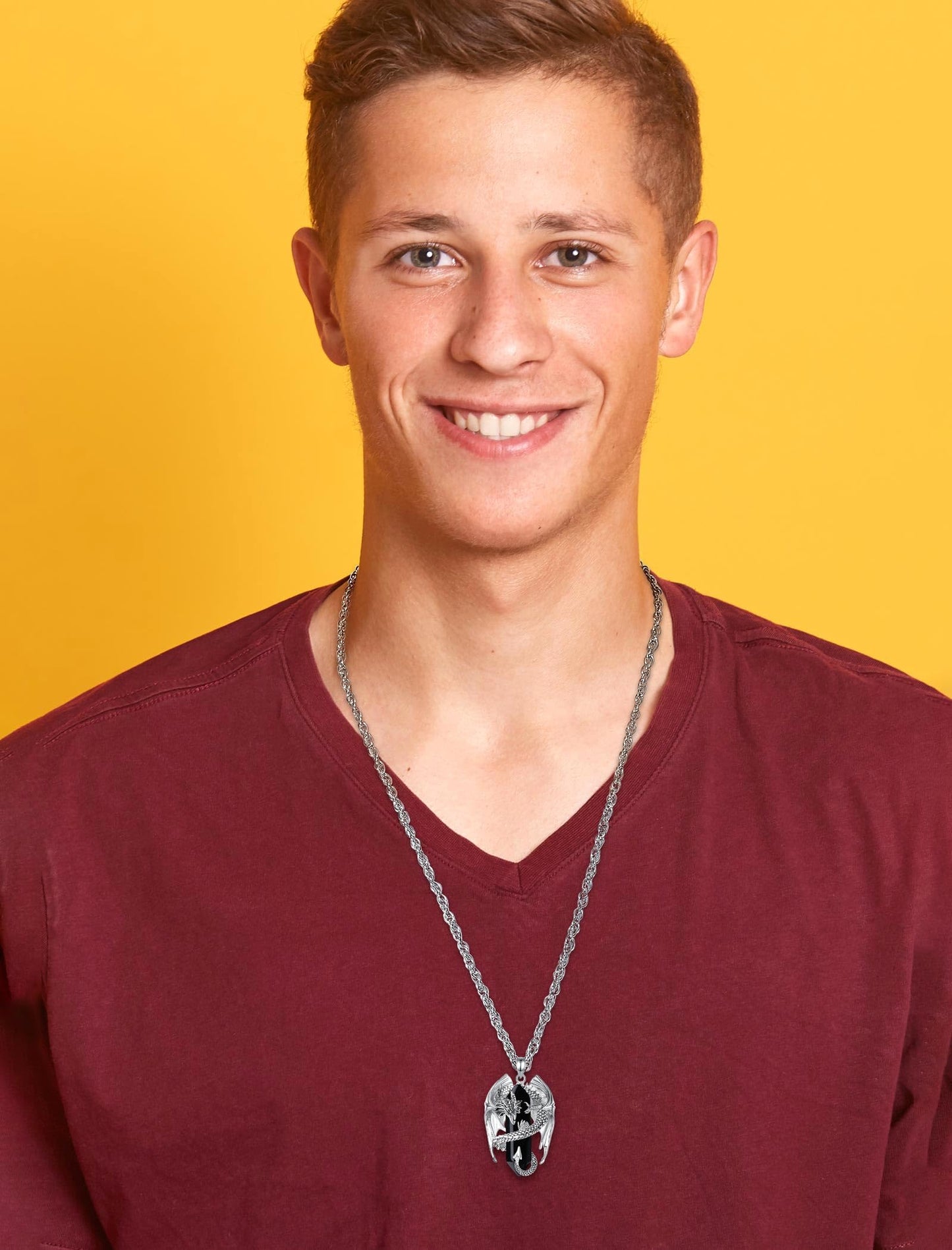 INFUSEU Drachen Kette, Kristall Halskette Nordischer Drache Eingewickelter Zylinder Edelstein Schwarzer Vintage Obsidian Anhänger Sechseckiger Heilkristall Gothic Geschenk für Männer Frauen