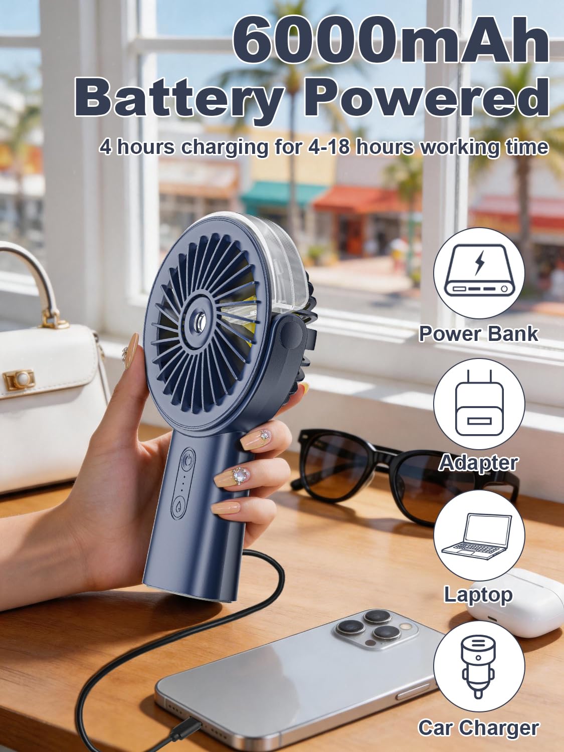 Handventilator Akku Aufladbar mit Wasserkühlung, 6000mAh Tragbarer Mini Ventilator mit 3 Gänge, Ventilatoren Leise Klein mit 4–18 Laufzeit, Portable USB Hand Fan für Sommer, Reise, Outdoor, Blau
