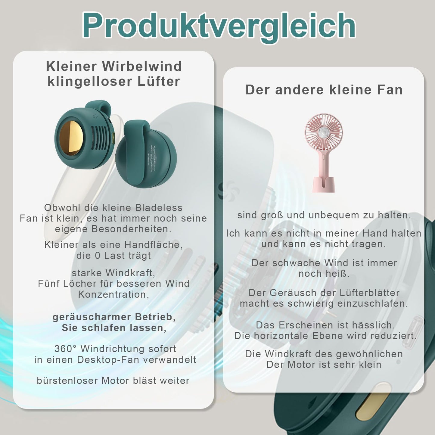 Small Clip Fan,Portable Silent Mini Bladeless Fan Clip On,Tragbarer Clip Ventilator,3 Geschwindigkeiten Mini handventilator,USB Wiederaufladbar Taillenclip-Ventilator,Für Outdoor Büro (Grün)