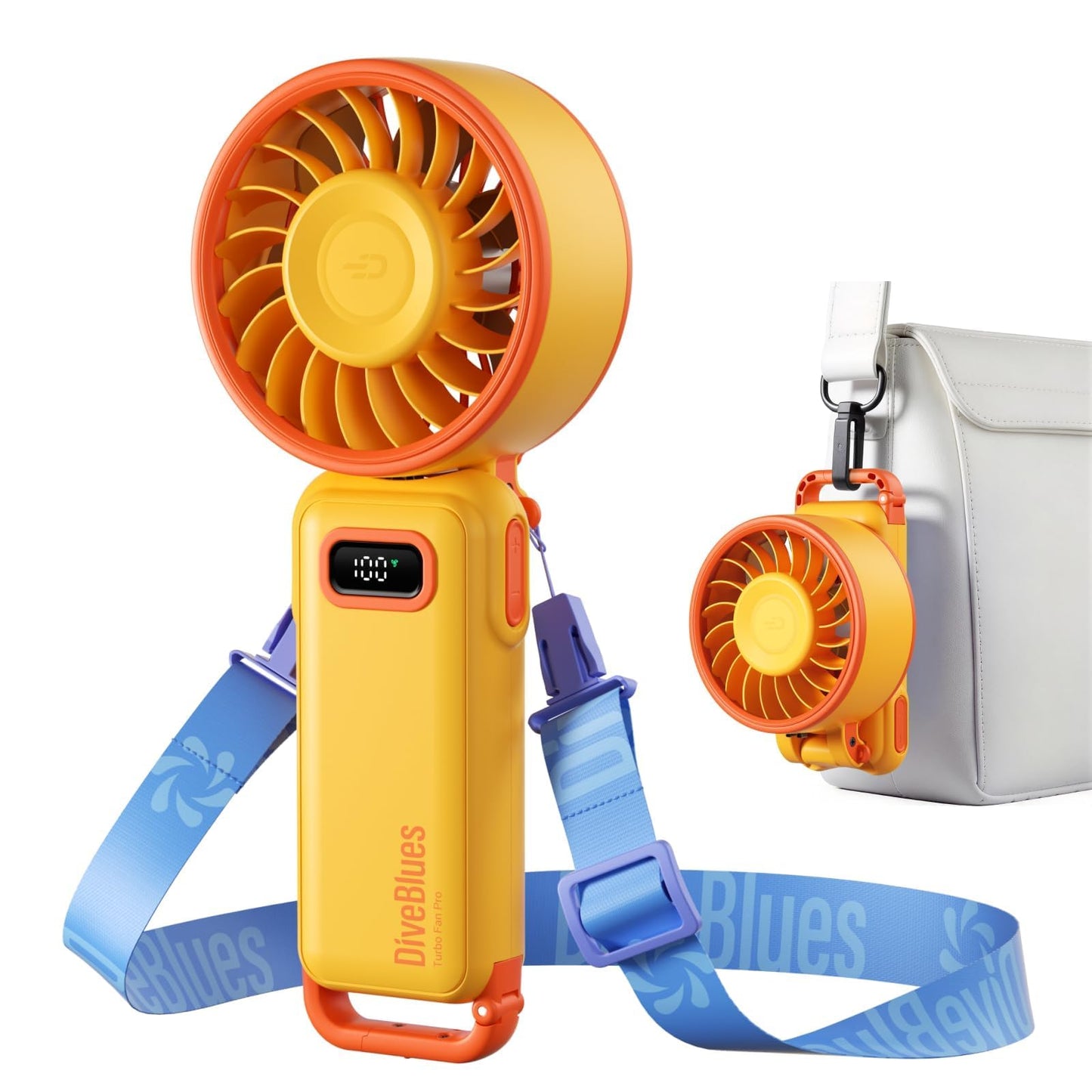 Diveblues Portable Handheld Fan D6036 Cream | 7.4m/s High Speed Turbo, 180° Foldable 4-in-1, Personal Neck Fan with Carabiner Clip, 100 Speed Stepless Control