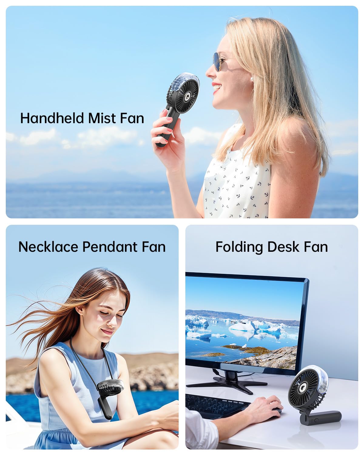 SWEETFULL Portable Misting Fan - 180° Foldable Handheld Personal Fan with Mist Spray, 3 Speeds, 30ml Water Tank, USB Rechargeable - Ideal for Travel, Outdoors, Makeup, Camping, Home, and Office Use