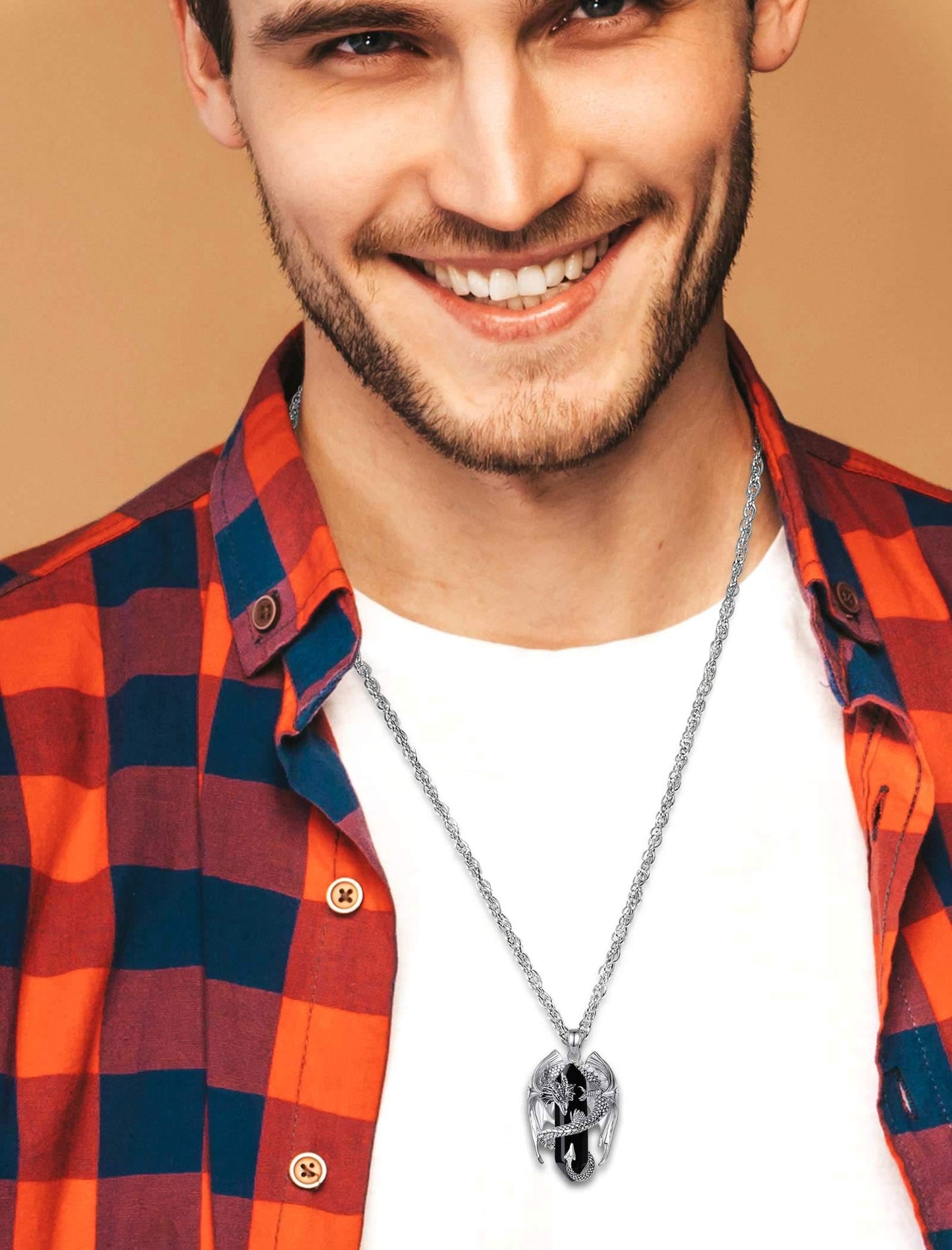 INFUSEU Drachen Kette, Kristall Halskette Nordischer Drache Eingewickelter Zylinder Edelstein Schwarzer Vintage Obsidian Anhänger Sechseckiger Heilkristall Gothic Geschenk für Männer Frauen