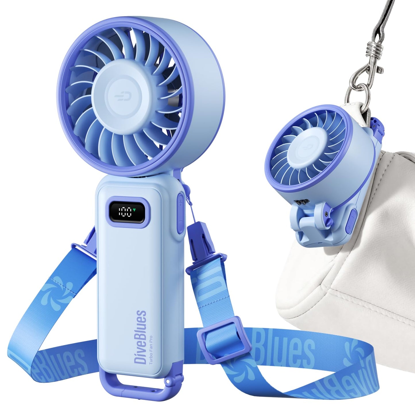 Diveblues - Handventilator Akku Aufladbar - 100 Stunfen Mini Ventilator Leistungsstarker Luftstrom mit Turbo-Technologie, 4 in 1 Tragbarer Ventilator 180° Faltbarer Bis zu 12 Stunden Kühlung