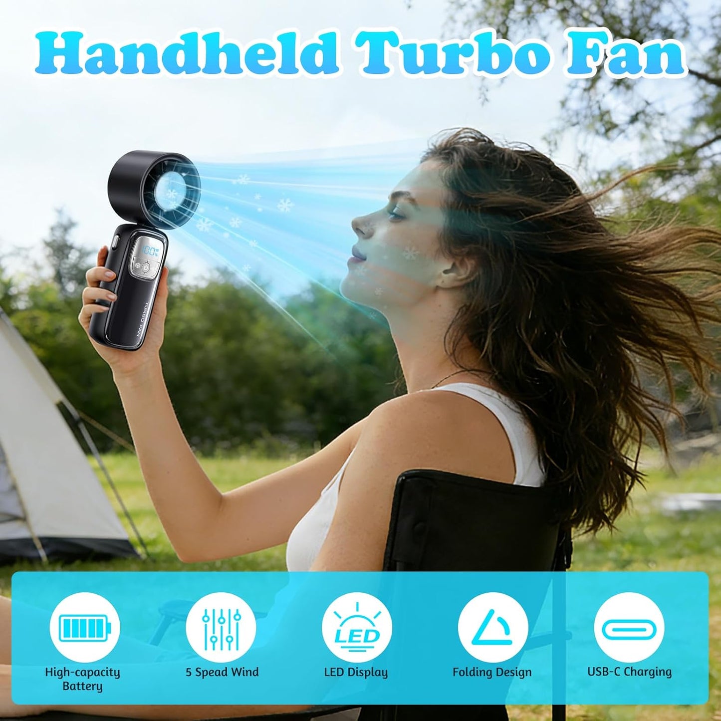 Tragbarer Handventilator mit Turbo-Lüfter und Eiskühlung, Handventilator Akku Aufladbar, Faltbar Tragbar Hand Ventilatoren, Hand, Hals & Tischventilator, 5-stufiger Wind für Reisen & Outdoor