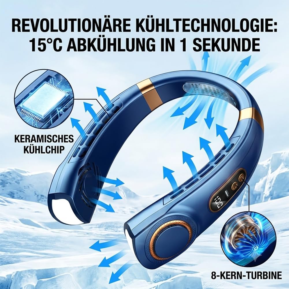 Nackenventilator, Nackenventilator mit Kühlung 5 Leise Geschwindigkeiten, Tragbarer Nackenventilator mit Display und LED-Licht in 7 Farben, Hals Ventilator für Sommer Küche, Unterwegs (Weiß)
